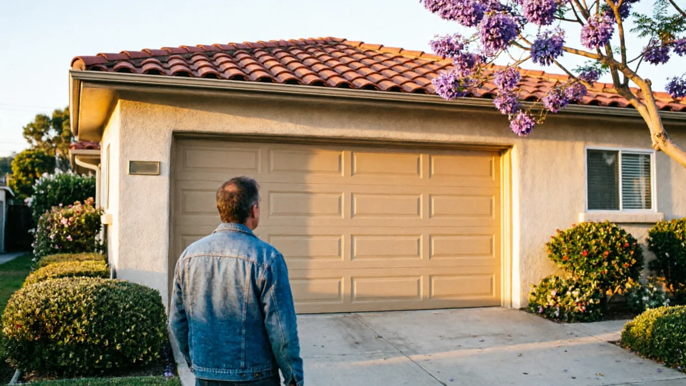 A man in a denim jacket stands in front of a beige garage door.