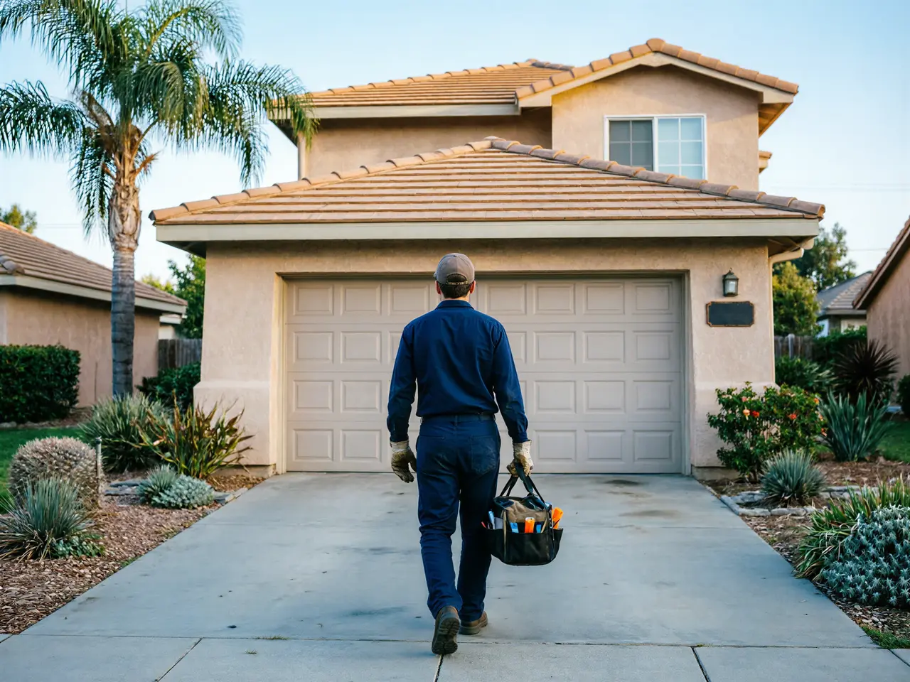 A technician walks toward a beige house with a two-car garage and a palm tree.