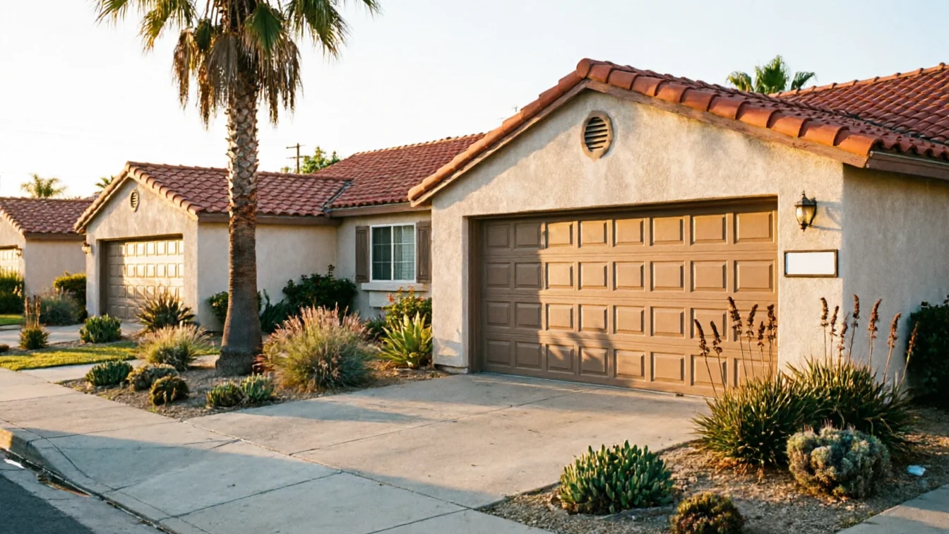 The garage door is brown with square panels on a stucco house.