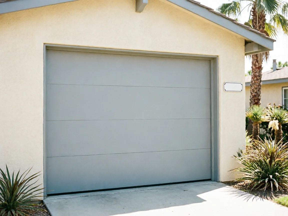 A light gray garage door is on a beige house with palm trees nearby.
