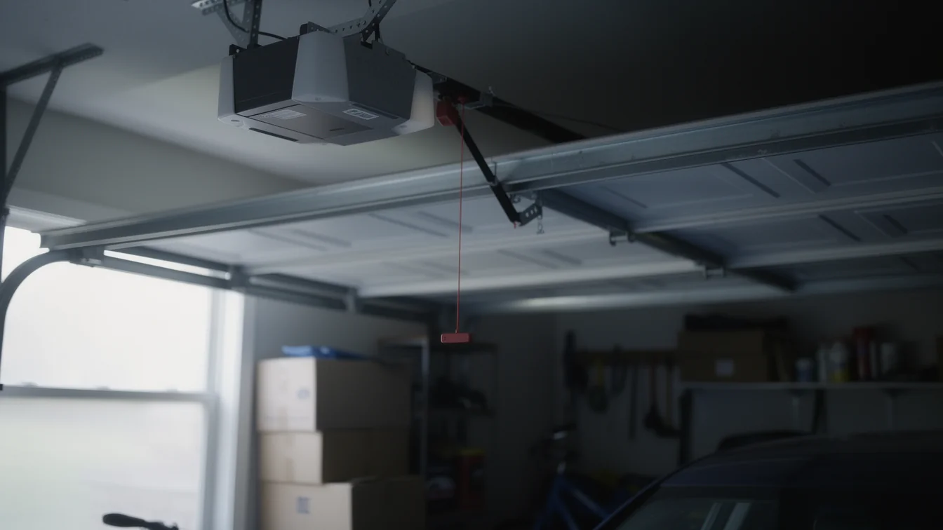 A garage door opener is mounted to the ceiling above a partially open garage door.