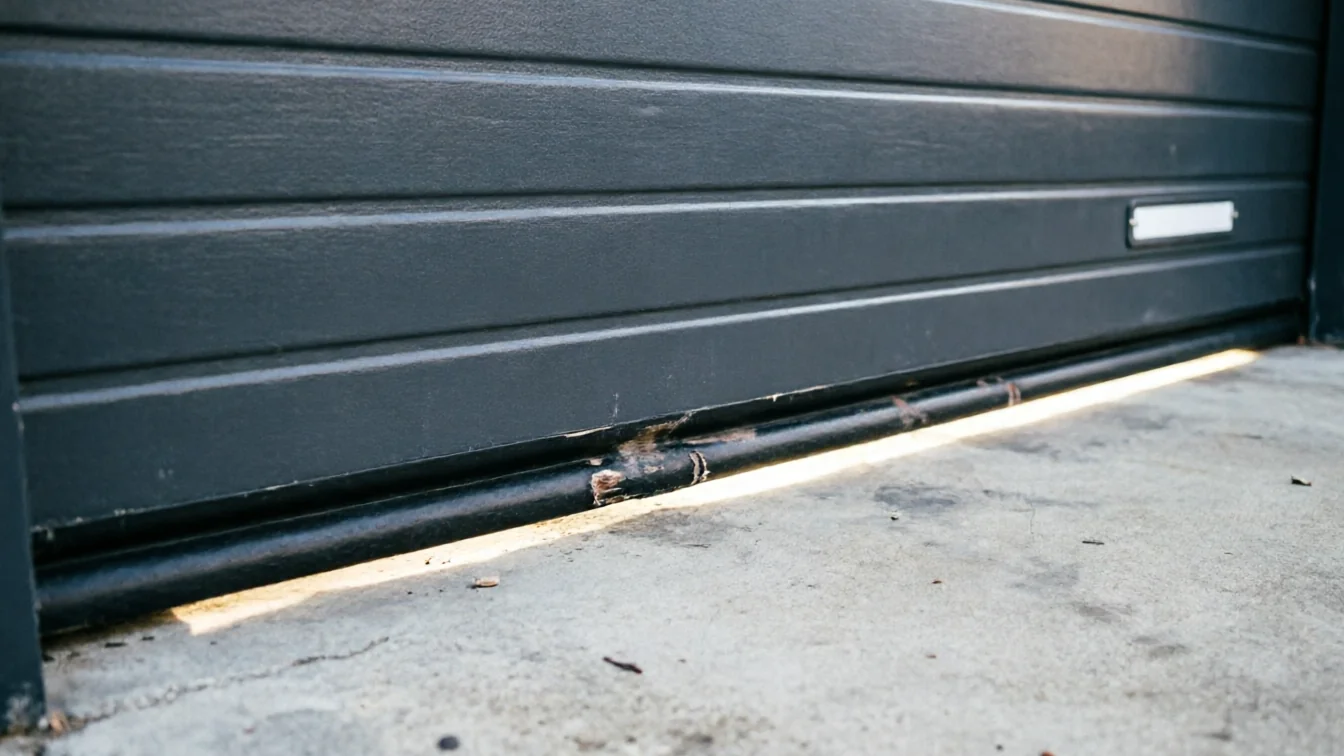A dark gray garage door is slightly open, showing light underneath.