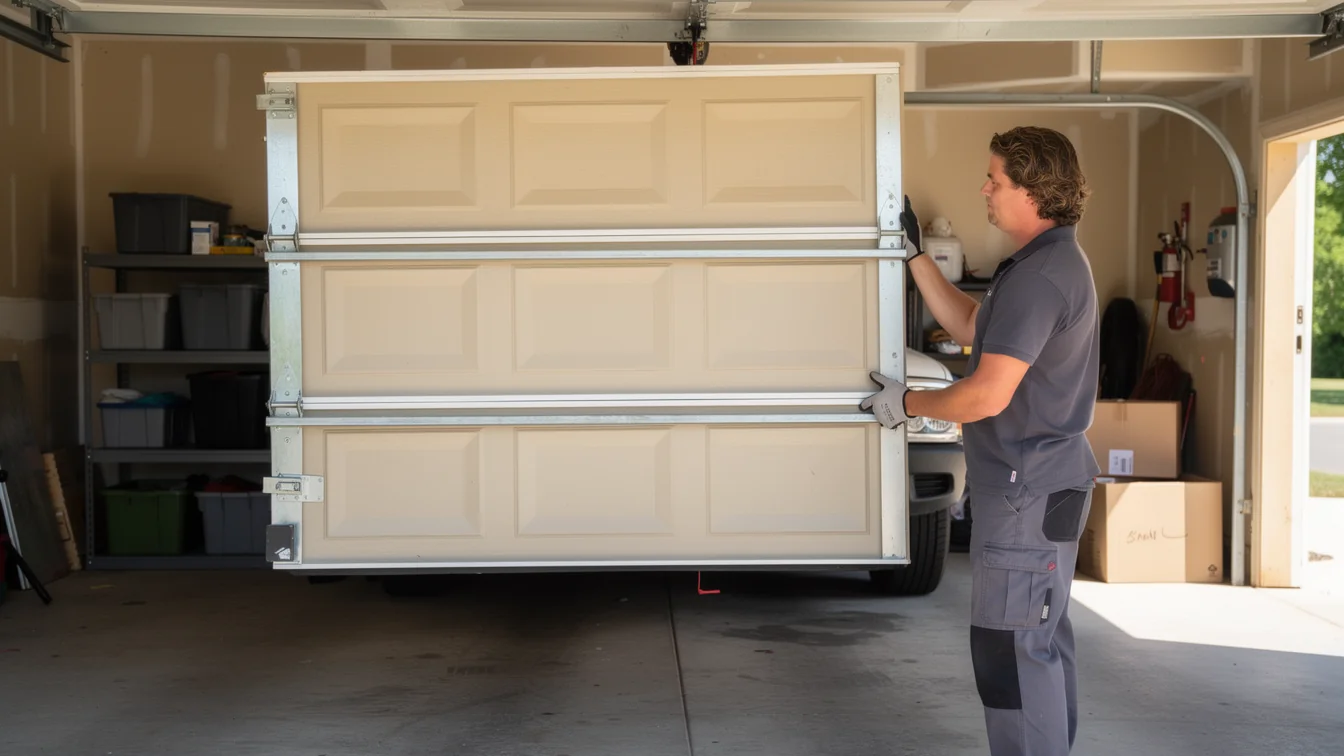 A technician in gray work clothes is installing a beige garage door.